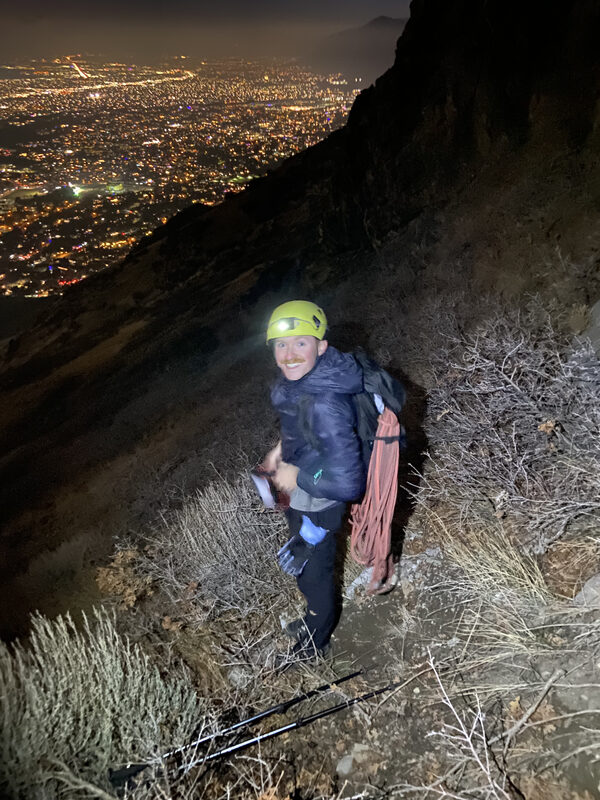 George climbing at night above Salt Lake City
